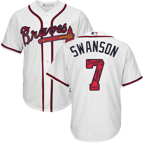 Braves #7 Dansby Swanson White Team Logo Fashion Stitched MLB Jersey - Click Image to Close